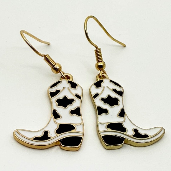 New Cowboy Boots Earrings Gold With Cow Print‎ Cowgirl Rodeo Concert - Picture 1 of 6